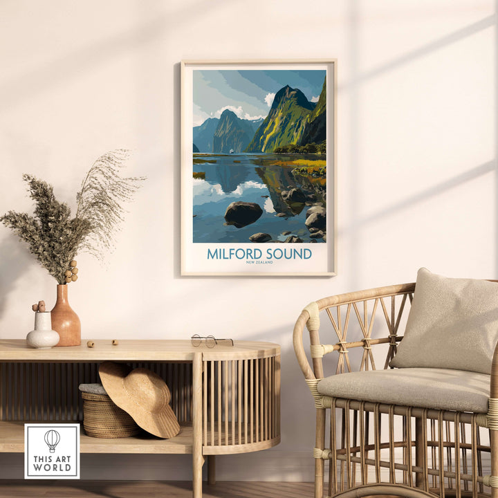 Milford Sound print showcasing serene cliffs and reflections in a modern living room decor setting.