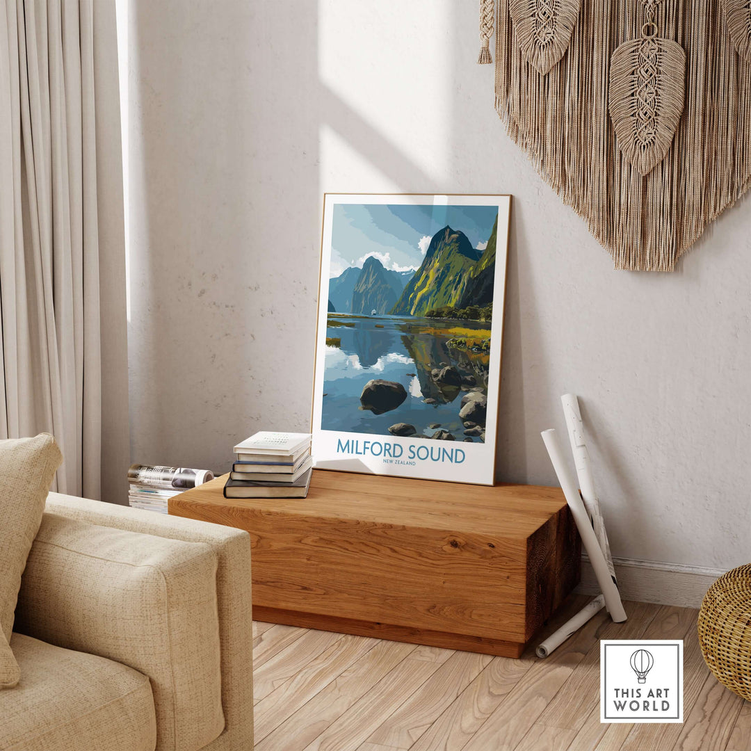 Milford Sound travel poster showcasing stunning landscape reflections in a cozy home decor setting.