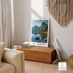 New Zealand Fiordland Poster Milford Sound Reflection Print Travel Landscape Wall Art displayed in a cozy room.