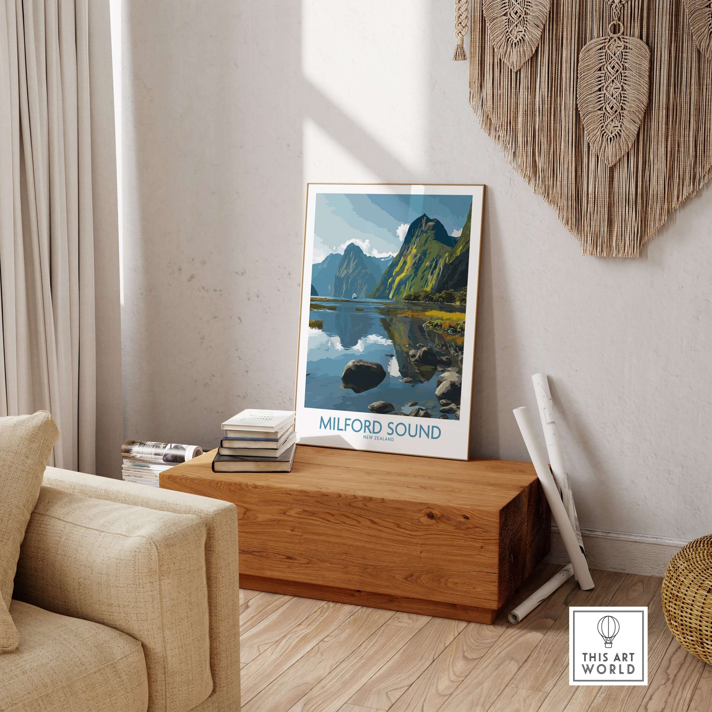 New Zealand Fiordland Poster Milford Sound Reflection Print Travel Landscape Wall Art displayed in a cozy room.