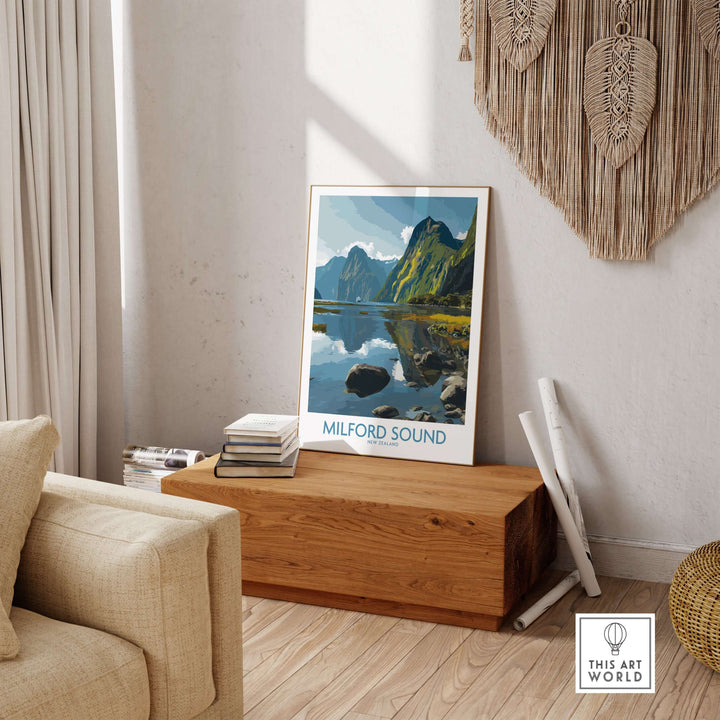 Milford Sound travel poster showcasing stunning landscape reflections in a cozy home decor setting.