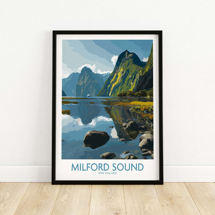 Milford Sound landscape poster showcasing cliffs and reflections in glassy water, New Zealand travel wall art.