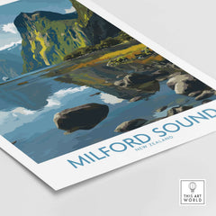 New Zealand Fiordland Poster Milford Sound Reflection Print Travel Landscape Wall Art featuring stunning mountains and water.