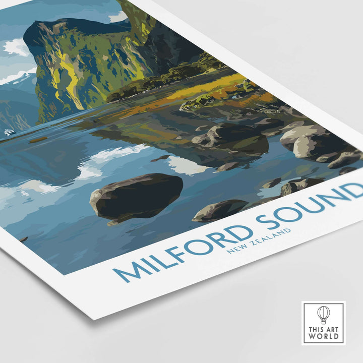 Milford Sound print showcasing New Zealand's Fiordland, depicting cliffs and reflections in tranquil water.