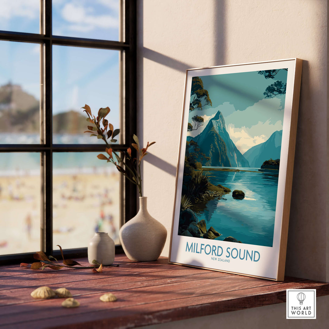 Milford Sound poster showcasing Mitre Peak in New Zealand, displayed on a table near a window.