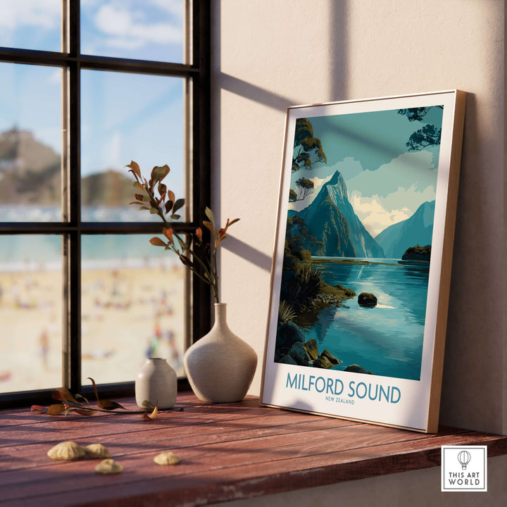 Milford Sound poster showcasing Mitre Peak in New Zealand, displayed on a table near a window.