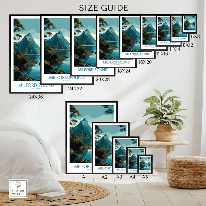 Size guide for New Zealand Milford Sound Mitre Peak poster print options displayed in a cozy home setting.