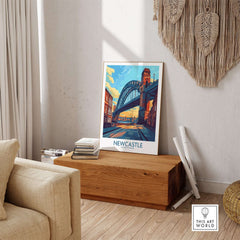 Newcastle Art Print featuring the iconic Tyne Bridge, showcased in a cozy home setting.