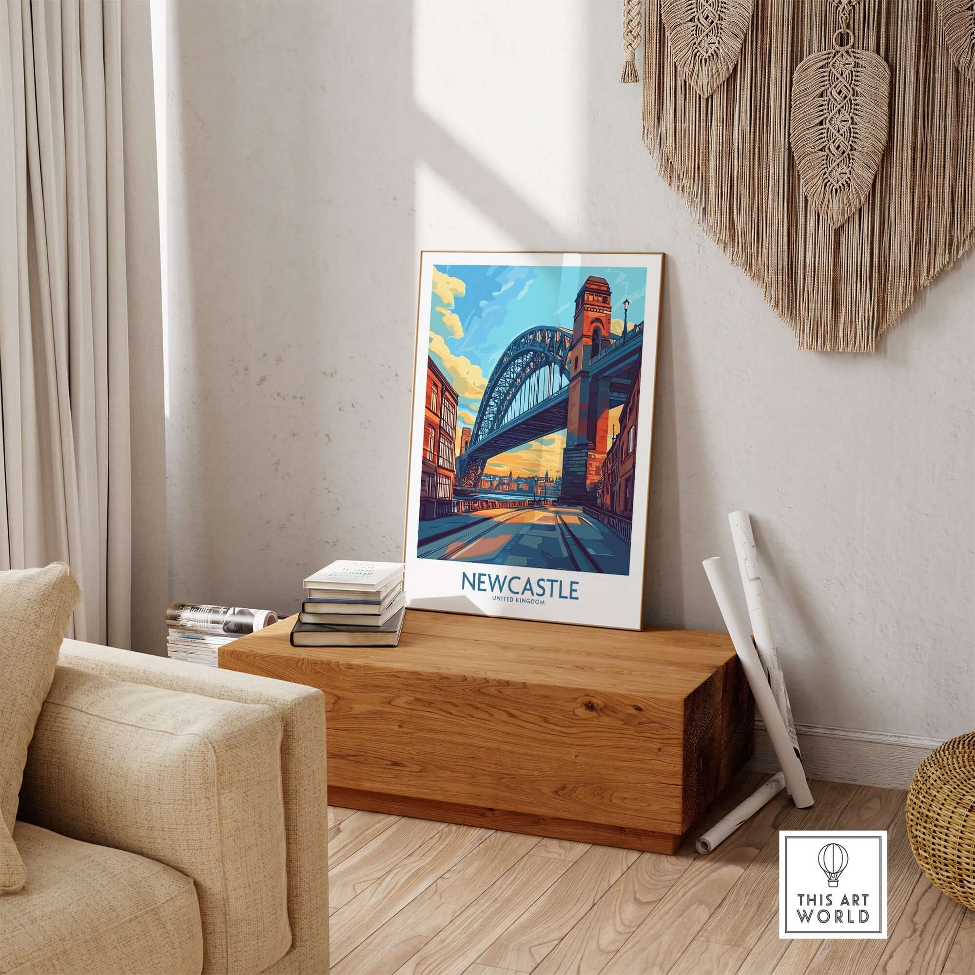 Newcastle Art Print featuring the iconic Tyne Bridge, showcased in a cozy home setting.