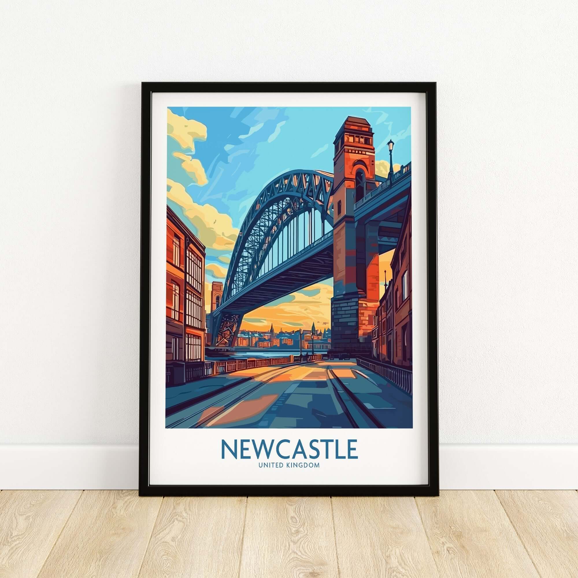 Newcastle Art Print showcasing the iconic Tyne Bridge and vibrant cityscape of Newcastle, United Kingdom.
