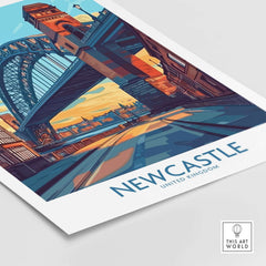 Newcastle Art Print featuring the iconic Tyne Bridge, vibrant colors, and a charming cityscape of Newcastle.