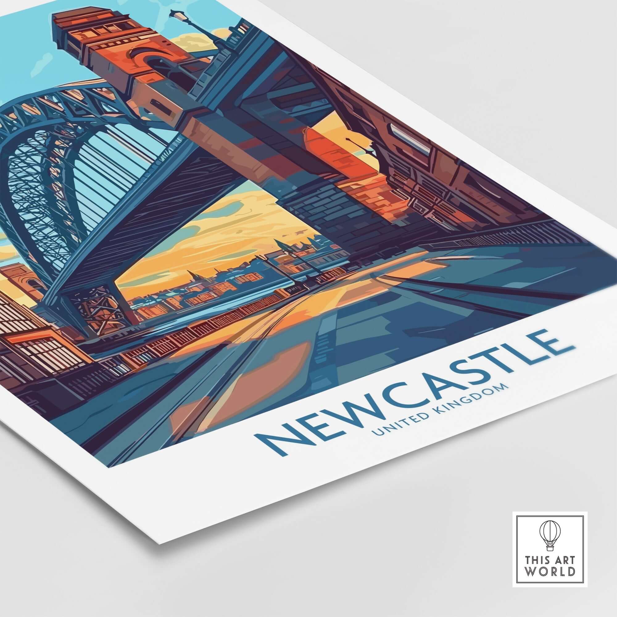 Newcastle Art Print featuring the iconic Tyne Bridge, vibrant colors, and a charming cityscape of Newcastle.