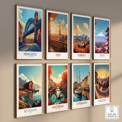 Newcastle Art Print featuring the iconic Tyne Bridge among global city art prints on a wall.