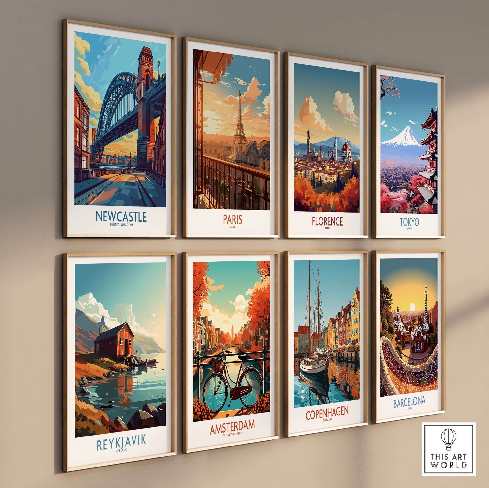 Newcastle Art Print featuring the iconic Tyne Bridge among global city art prints on a wall.