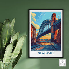 Newcastle Art Print showcasing Tyne Bridge, vibrant colors, and charming architecture of Newcastle, United Kingdom.
