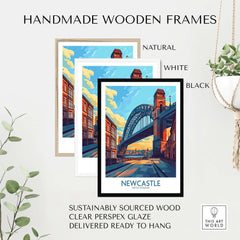 Newcastle Art Print framed in natural, white, and black handmade wooden frames with clear perspex glaze.