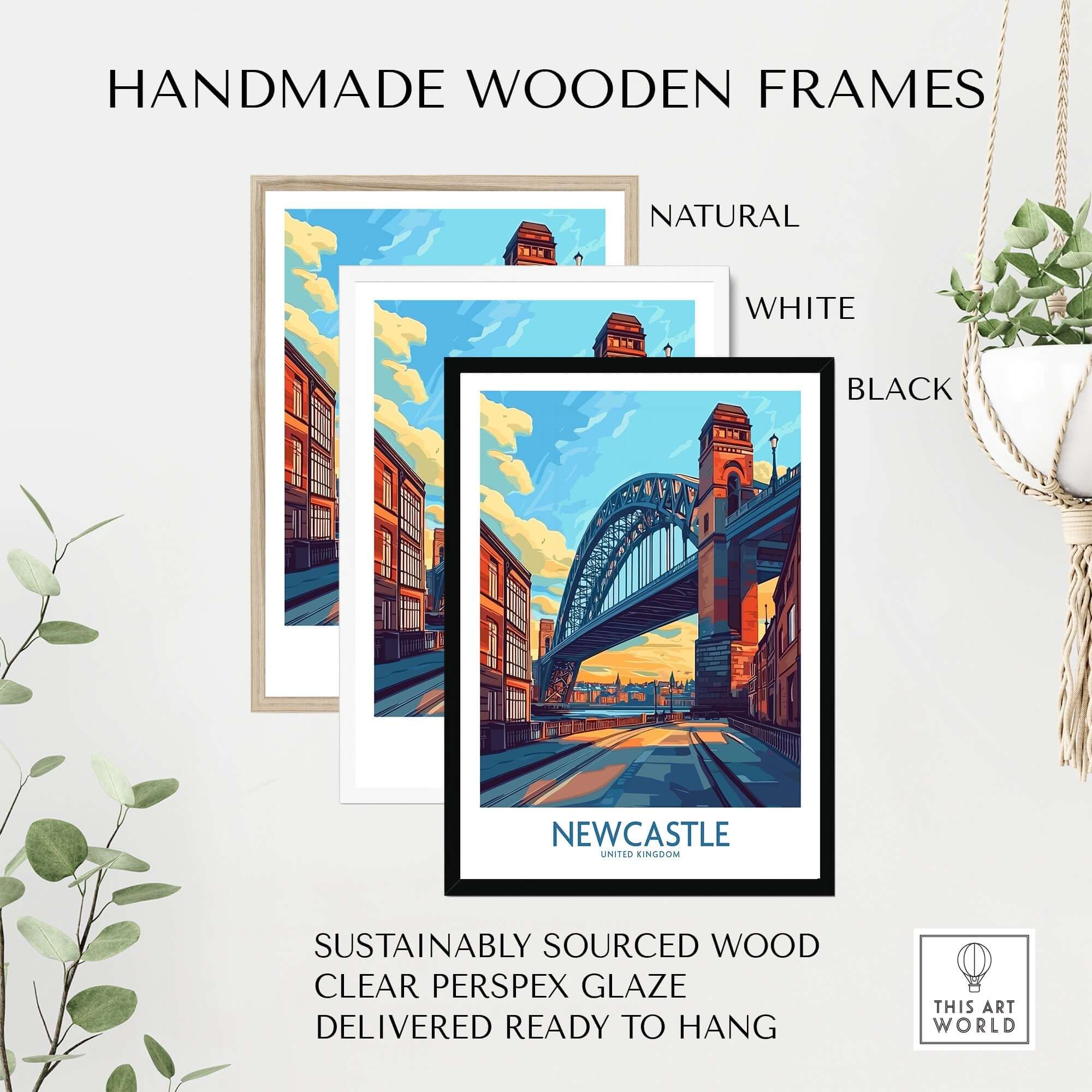 Newcastle Art Print framed in natural, white, and black handmade wooden frames with clear perspex glaze.