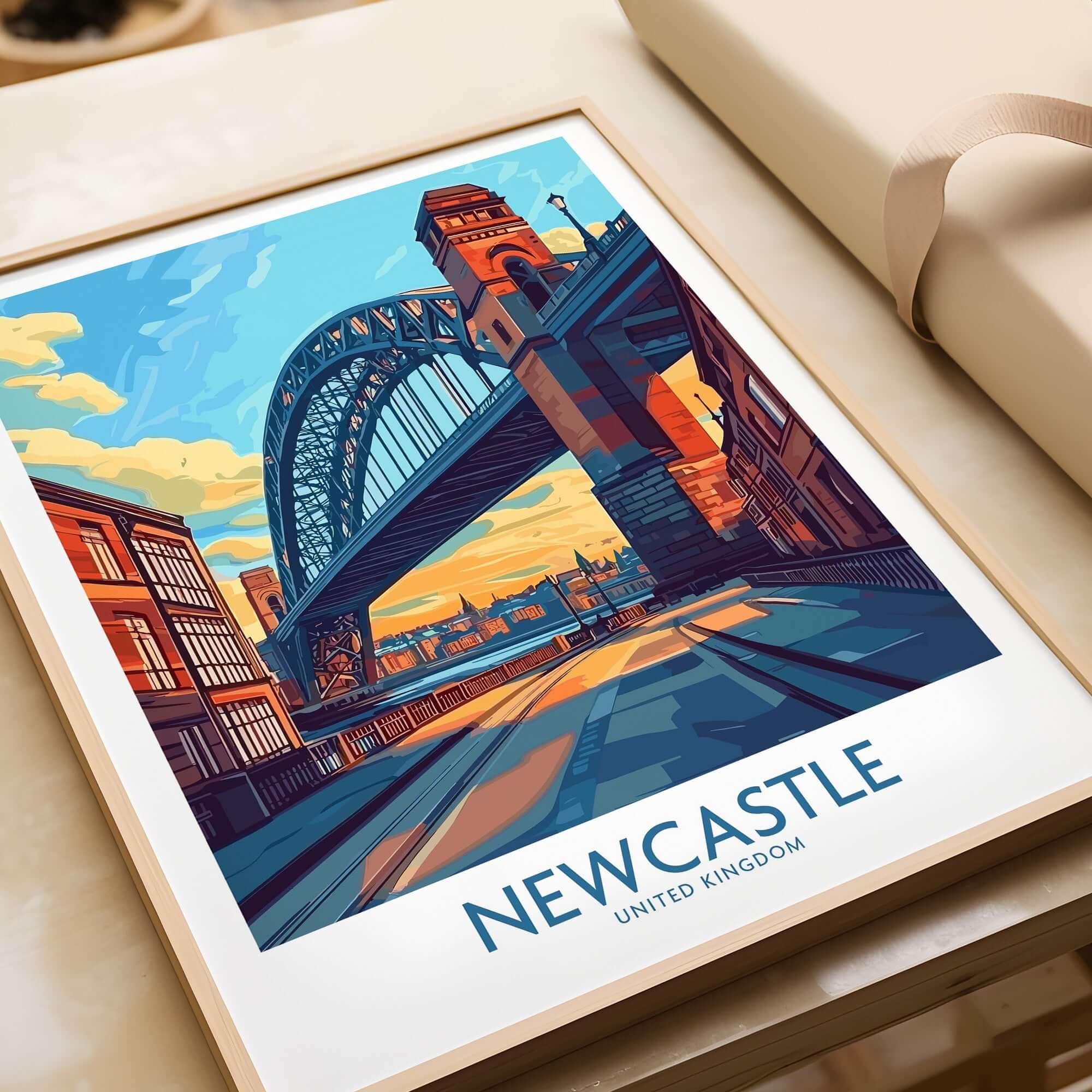 Newcastle Art Print showcasing the iconic Tyne Bridge in vibrant colors, perfect for art lovers and travelers.