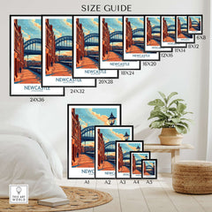 Newcastle Poster size guide showcasing Tyne Bridge prints in various dimensions for home or office display.