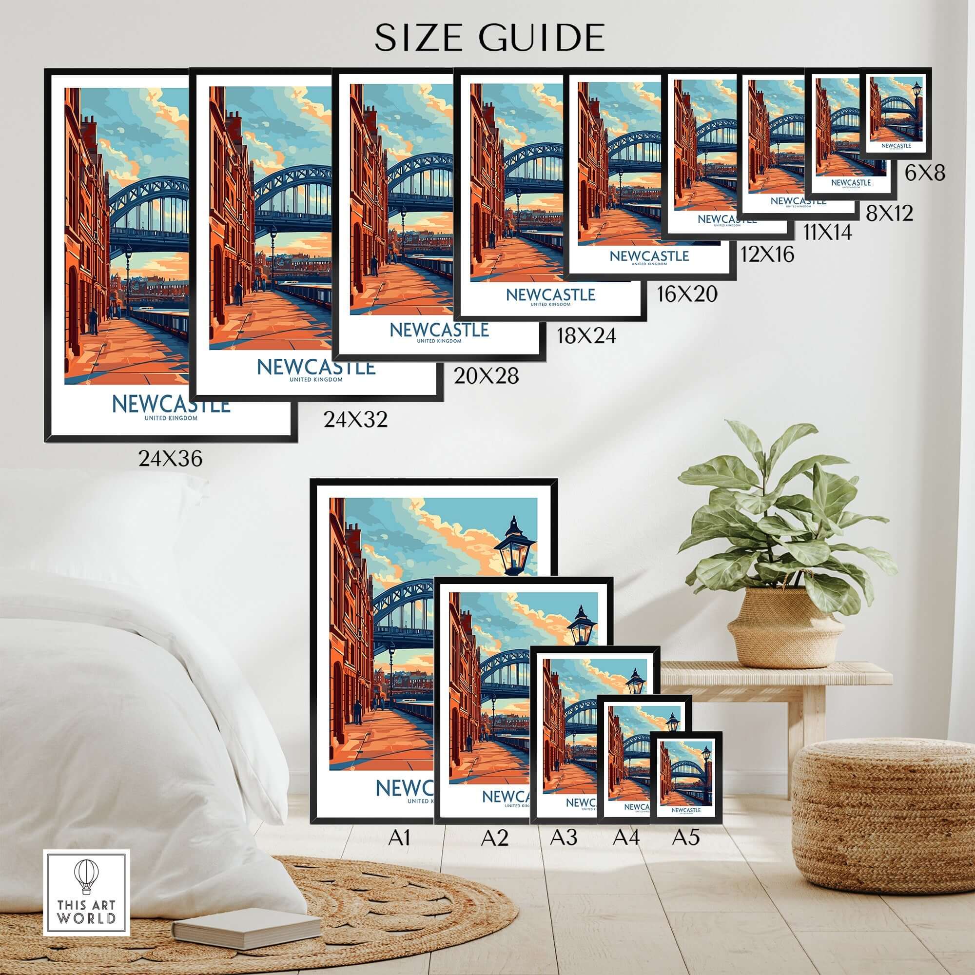 Newcastle Poster size guide showcasing Tyne Bridge prints in various dimensions for home or office display.