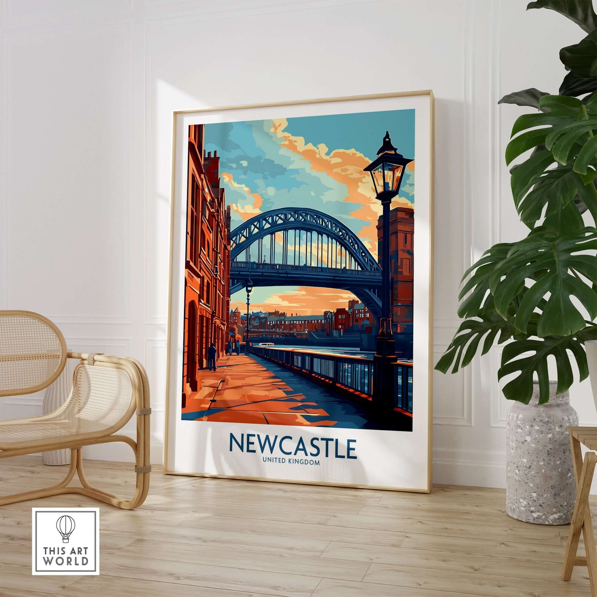 Newcastle Poster featuring the iconic Tyne Bridge in a vibrant art style, perfect for home decor.