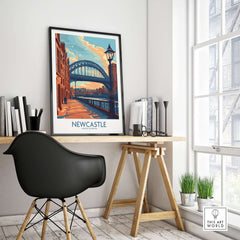 Newcastle Poster featuring the iconic Tyne Bridge in a stylish workspace setting.