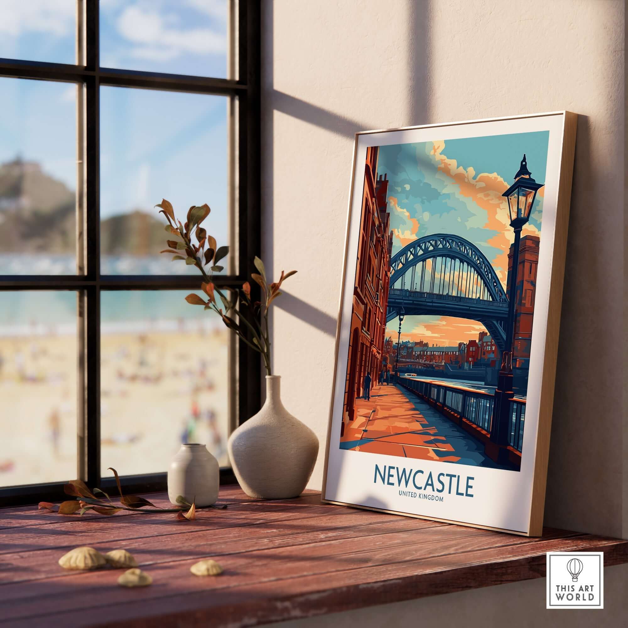 Newcastle Poster featuring the Tyne Bridge, displayed on a shelf with a beautiful view.