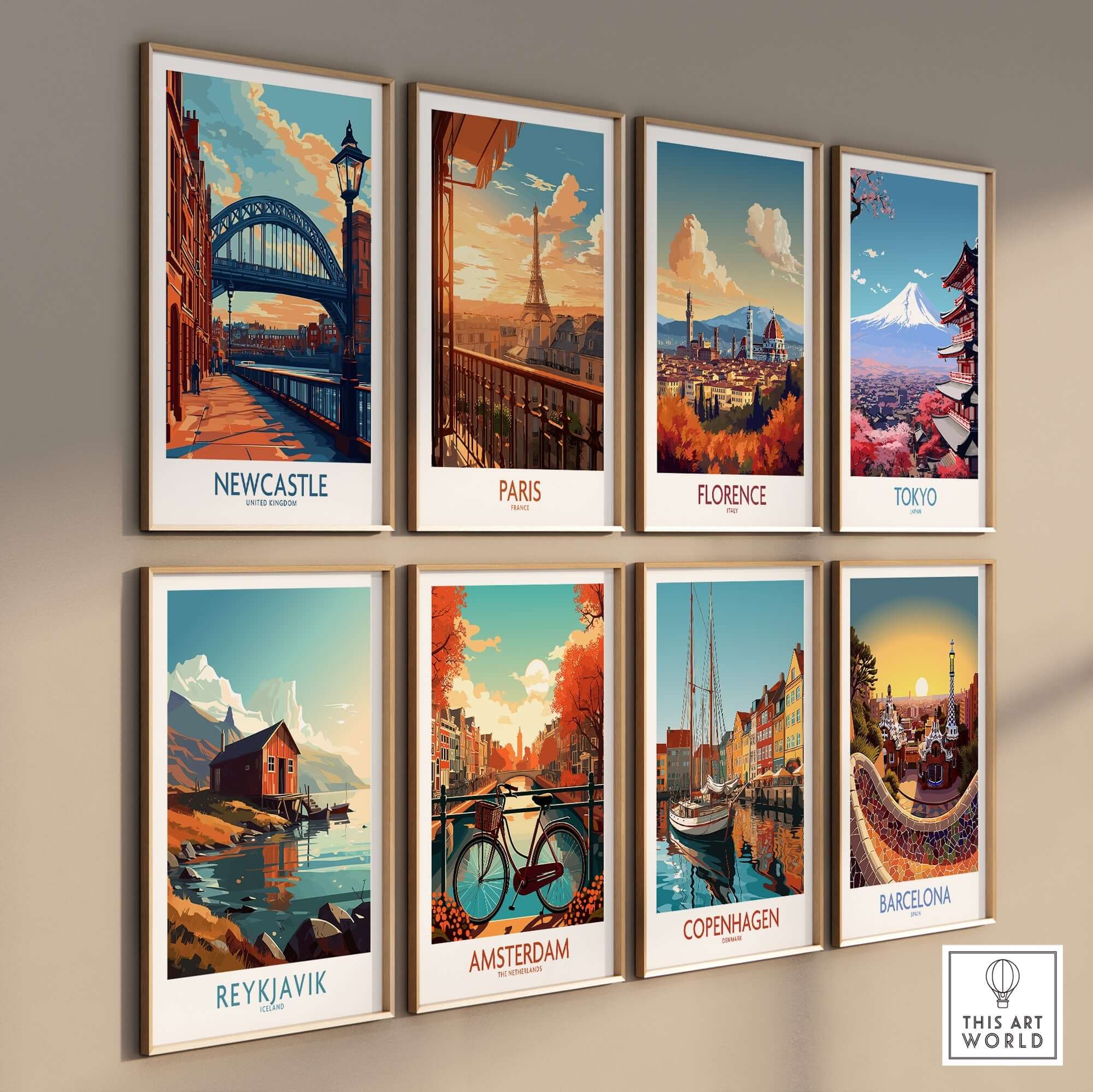 Newcastle Poster featuring the iconic Tyne Bridge alongside other city posters, vibrant and artistic home decor.