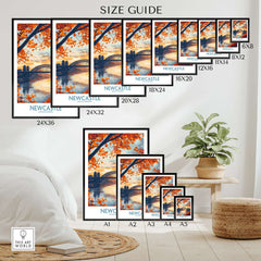 Newcastle Poster England size guide showing various frame sizes for the Newcastle poster artwork.