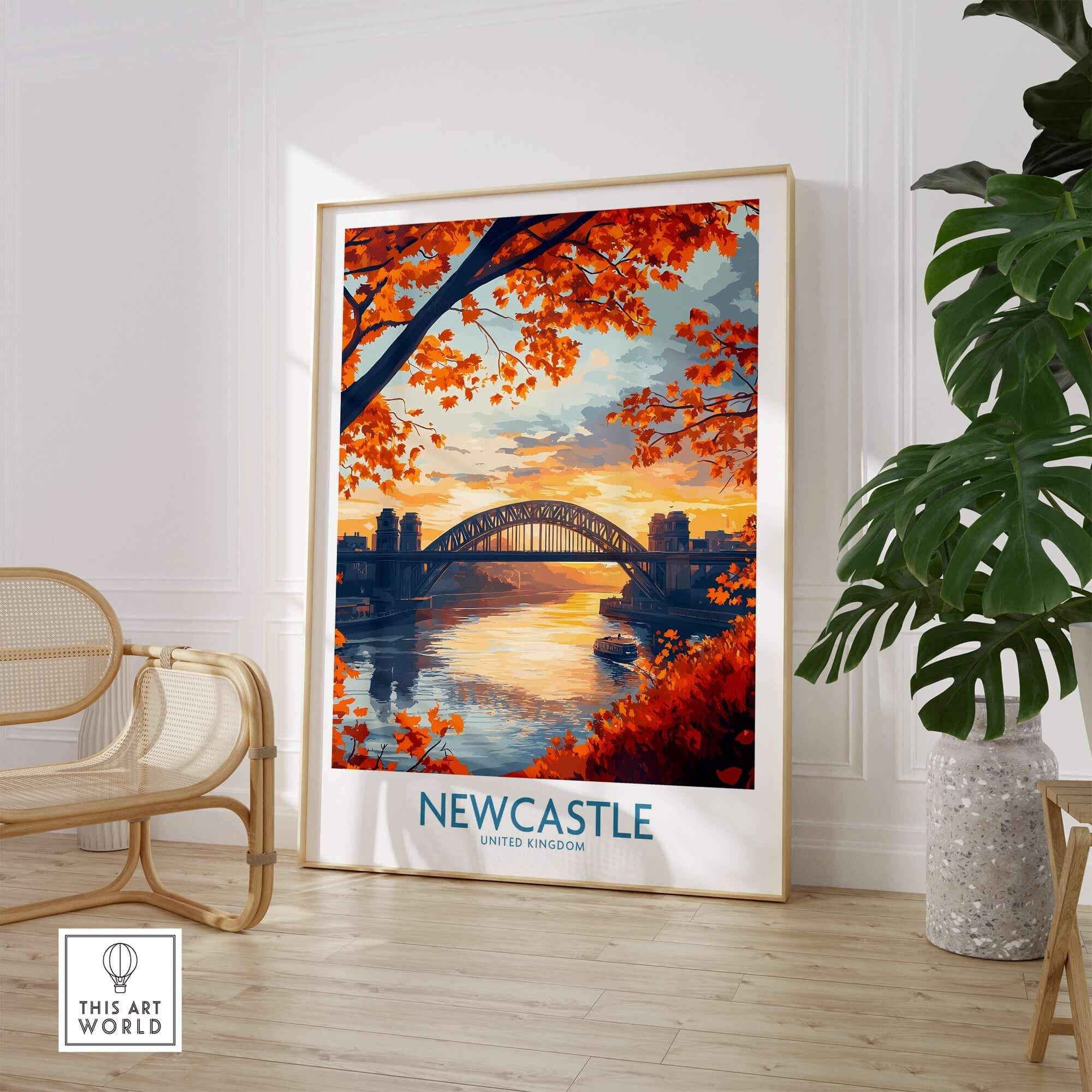 Newcastle Poster England featuring the iconic Tyne bridge, surrounded by autumn leaves, perfect for home decor.