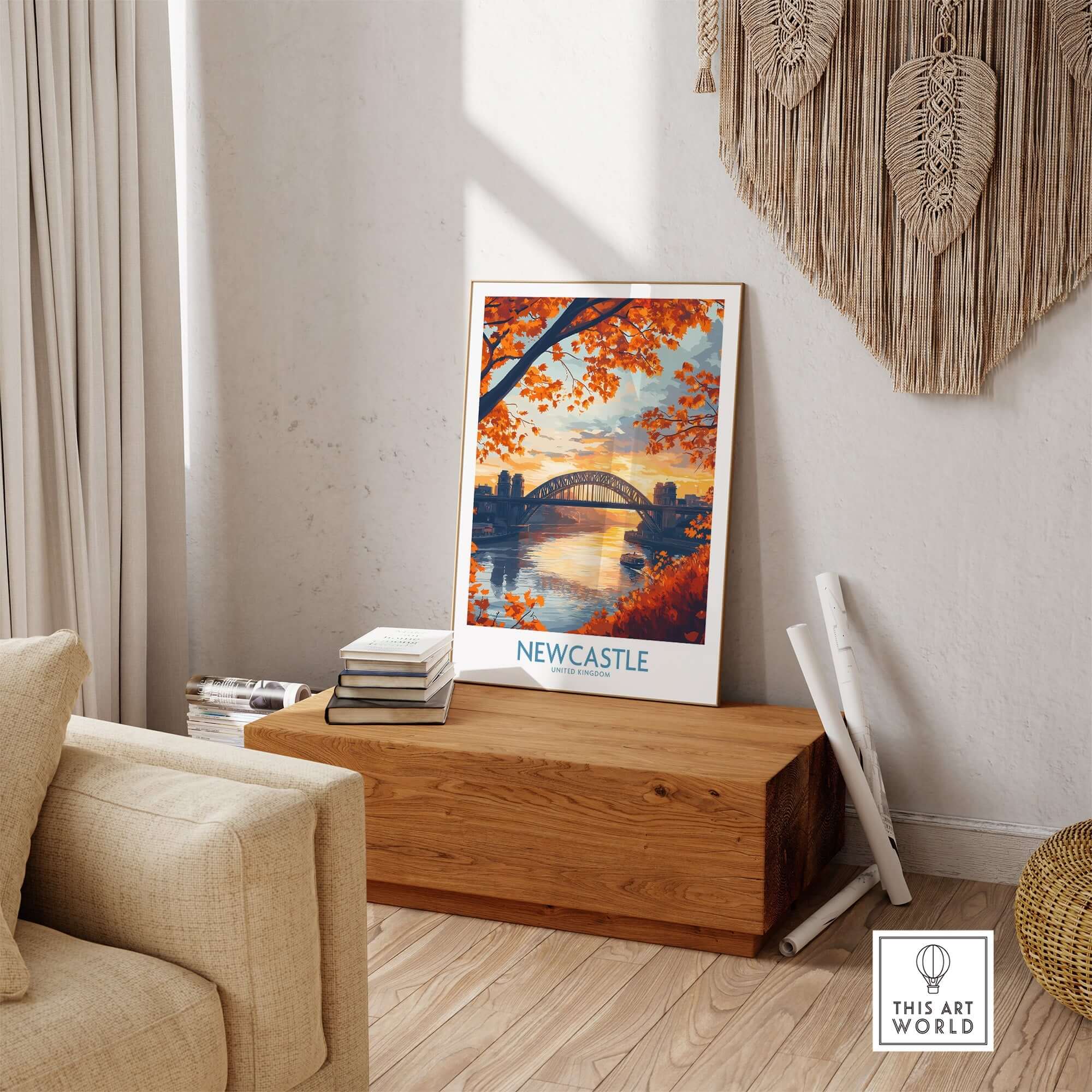 Newcastle Poster England showcasing the Tyne Bridge in a cozy home setting with autumn leaves.