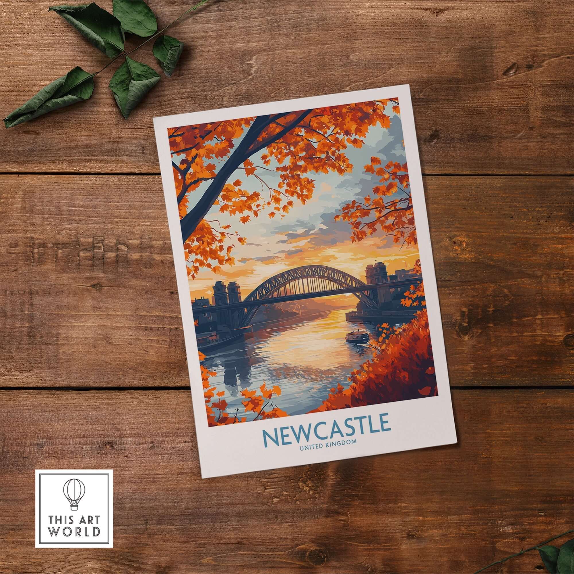Newcastle Poster England featuring autumn leaves and the Tyne Bridge in a scenic view.