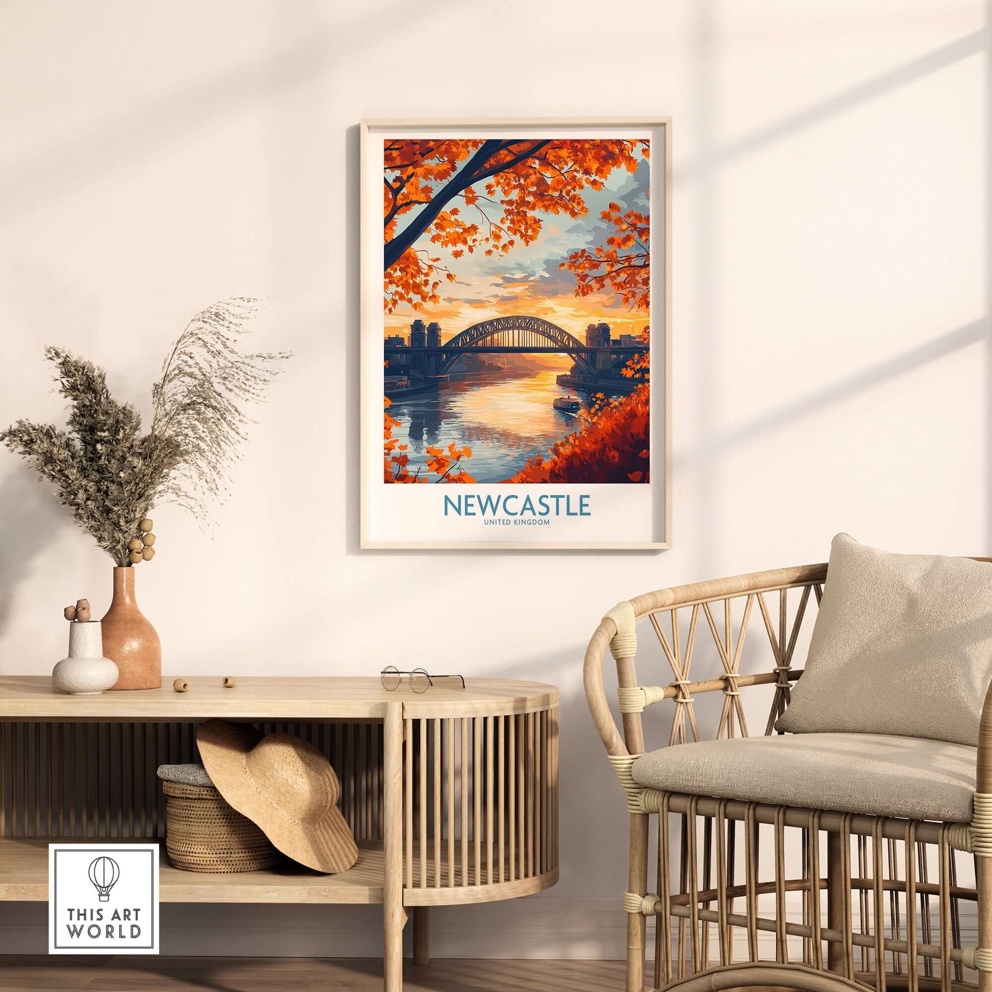 Newcastle Poster England featuring Tyne Bridge in autumn colors, perfect for home or office decor.
