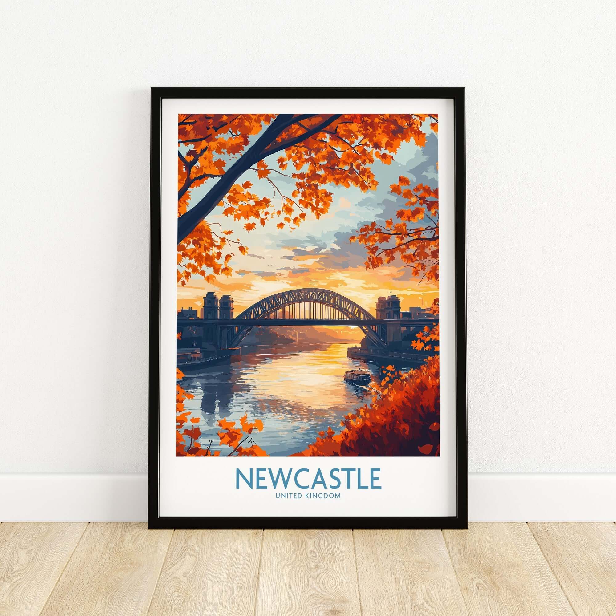 Newcastle Poster England featuring the Tyne bridge in autumn colors.