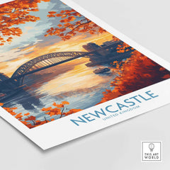 Newcastle Poster England featuring the Tyne Bridge and autumn foliage in stunning colors.