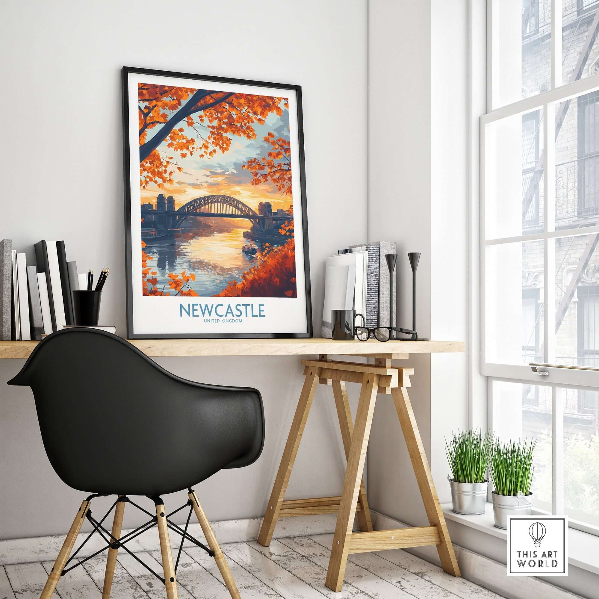 Newcastle Poster England showcasing Tyne bridge in a stylish home office setting with autumn leaves.