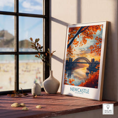 Newcastle Poster England featuring the iconic Tyne bridge, displayed near a window with beautiful scenery.