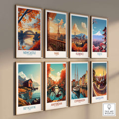 Newcastle Poster England showcasing the iconic Tyne bridge and vibrant autumn colors.