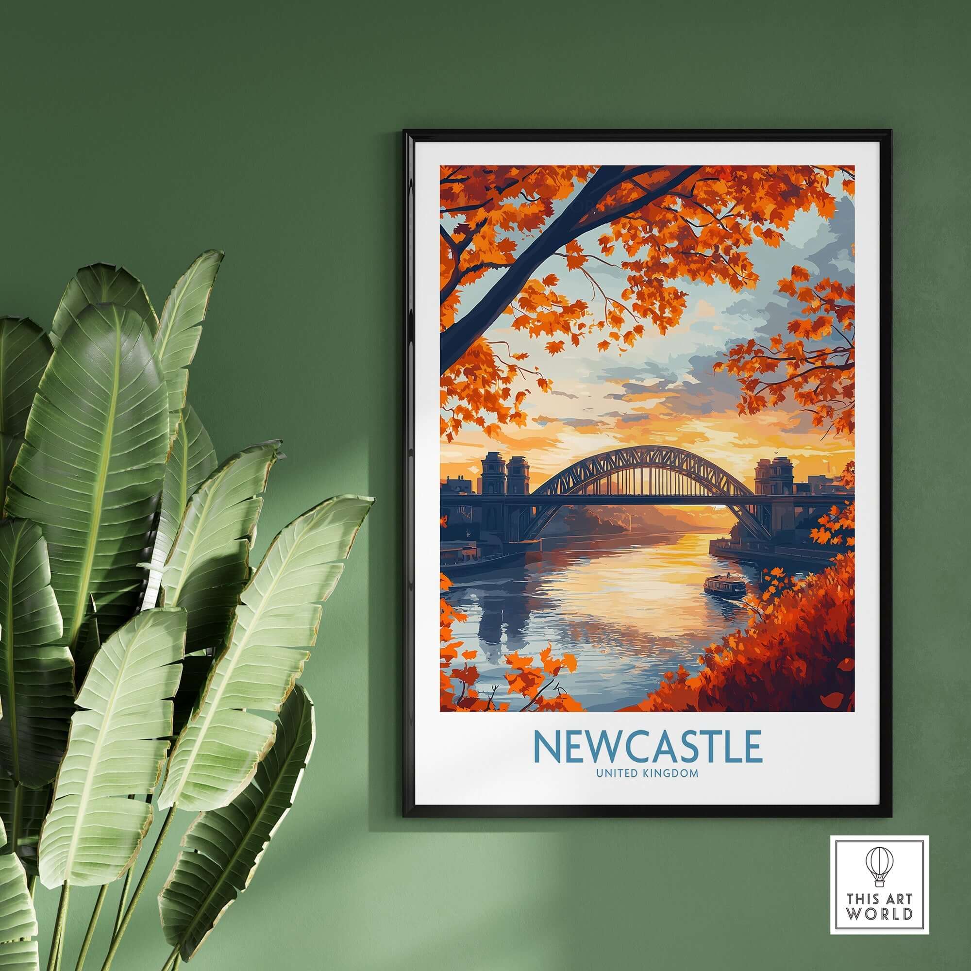 Newcastle Poster England showcasing the iconic Tyne bridge and vibrant autumn leaves in Newcastle.