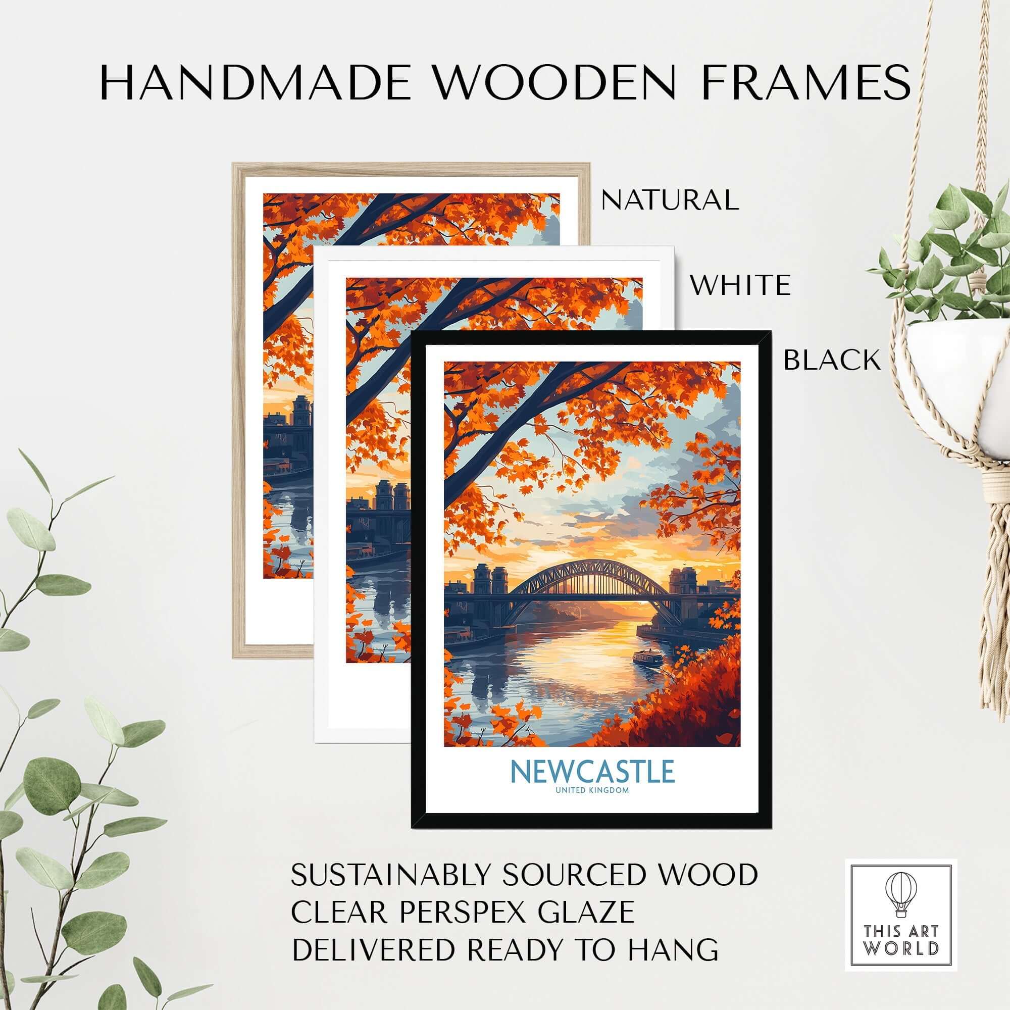 Newcastle Poster England framed in handmade wooden frames in natural, white, and black options.