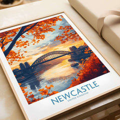 Newcastle Poster England featuring the iconic Tyne Bridge surrounded by autumn leaves.