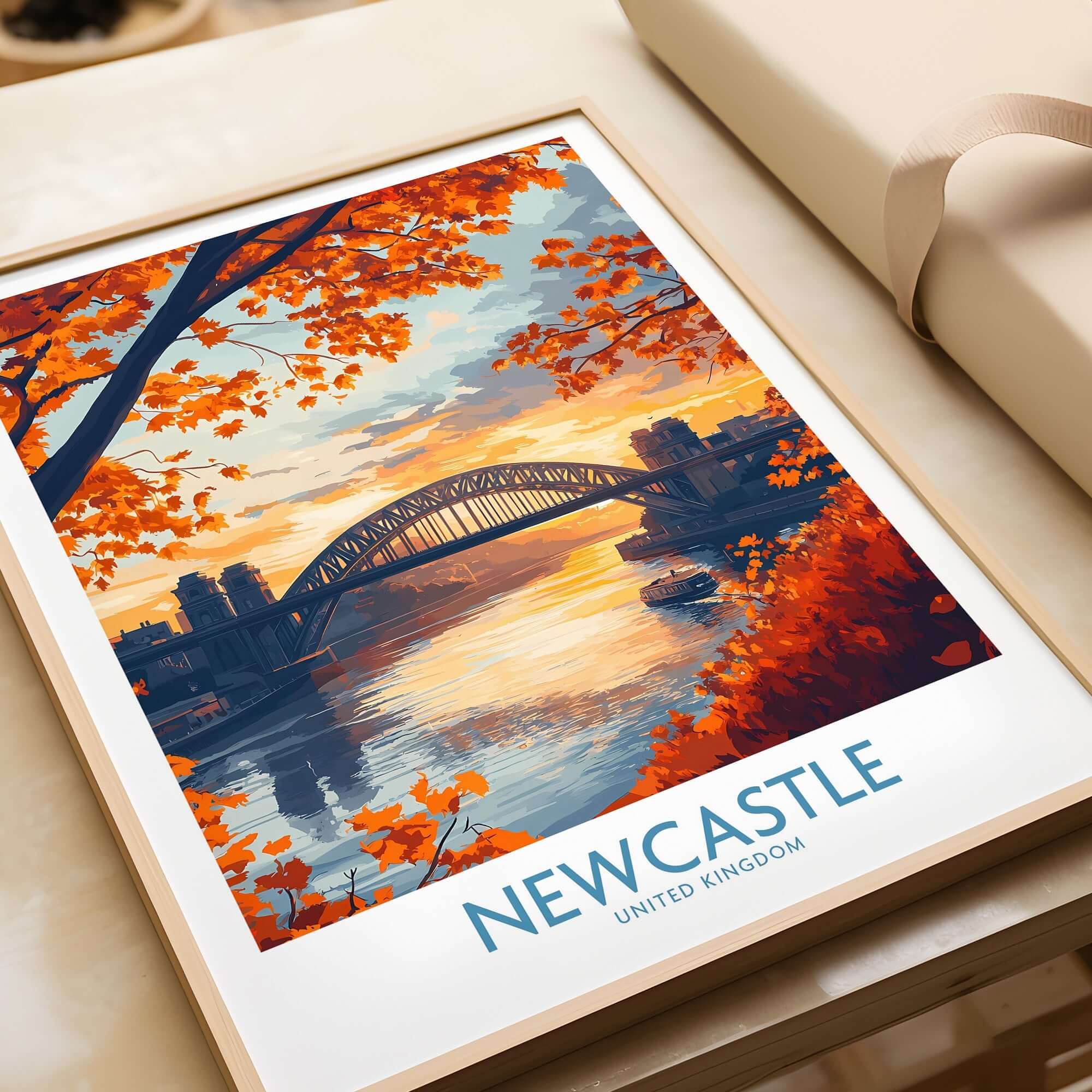 Newcastle Poster England featuring the iconic Tyne Bridge surrounded by autumn leaves.