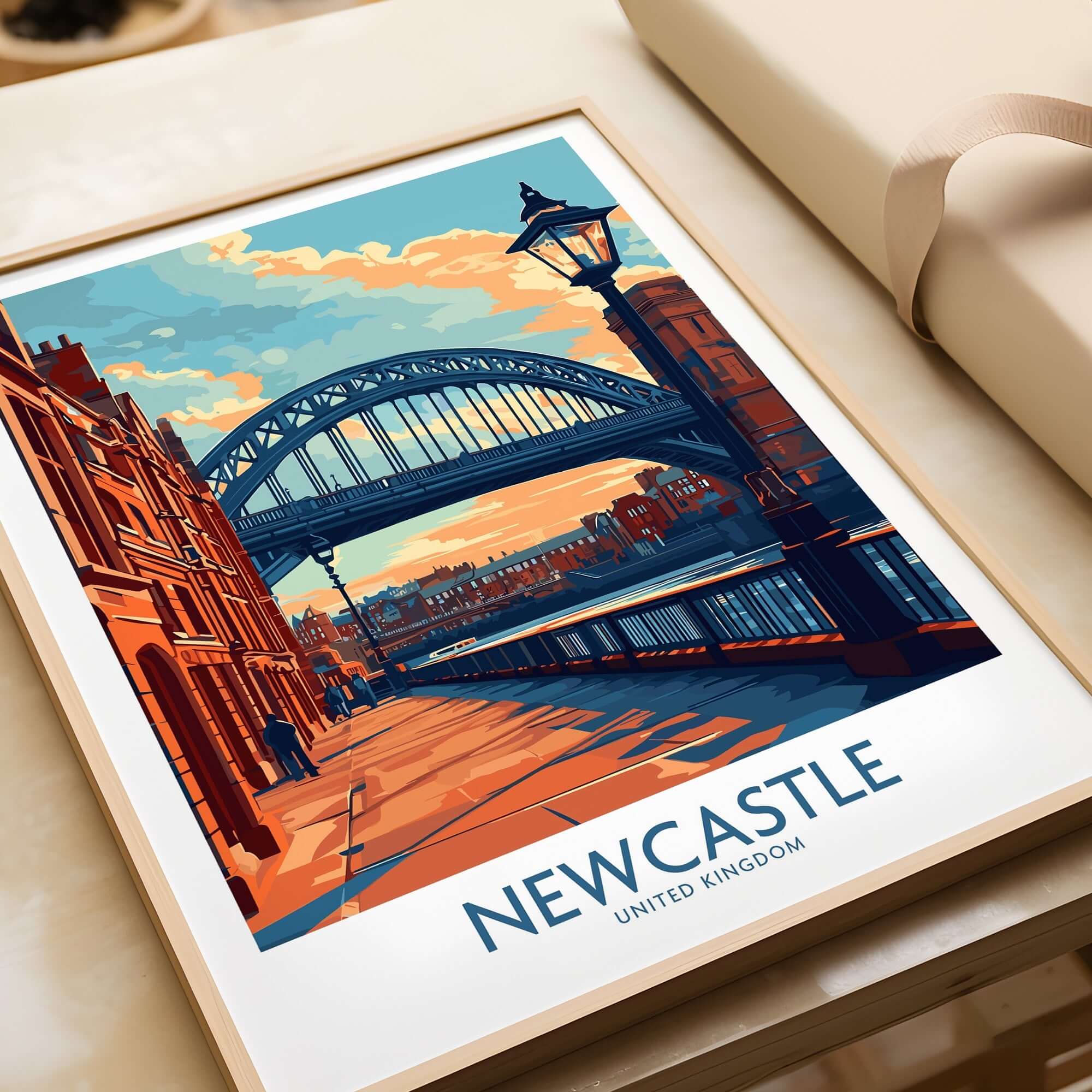 Newcastle Poster featuring the iconic Tyne Bridge in vibrant colors, perfect for home decor.