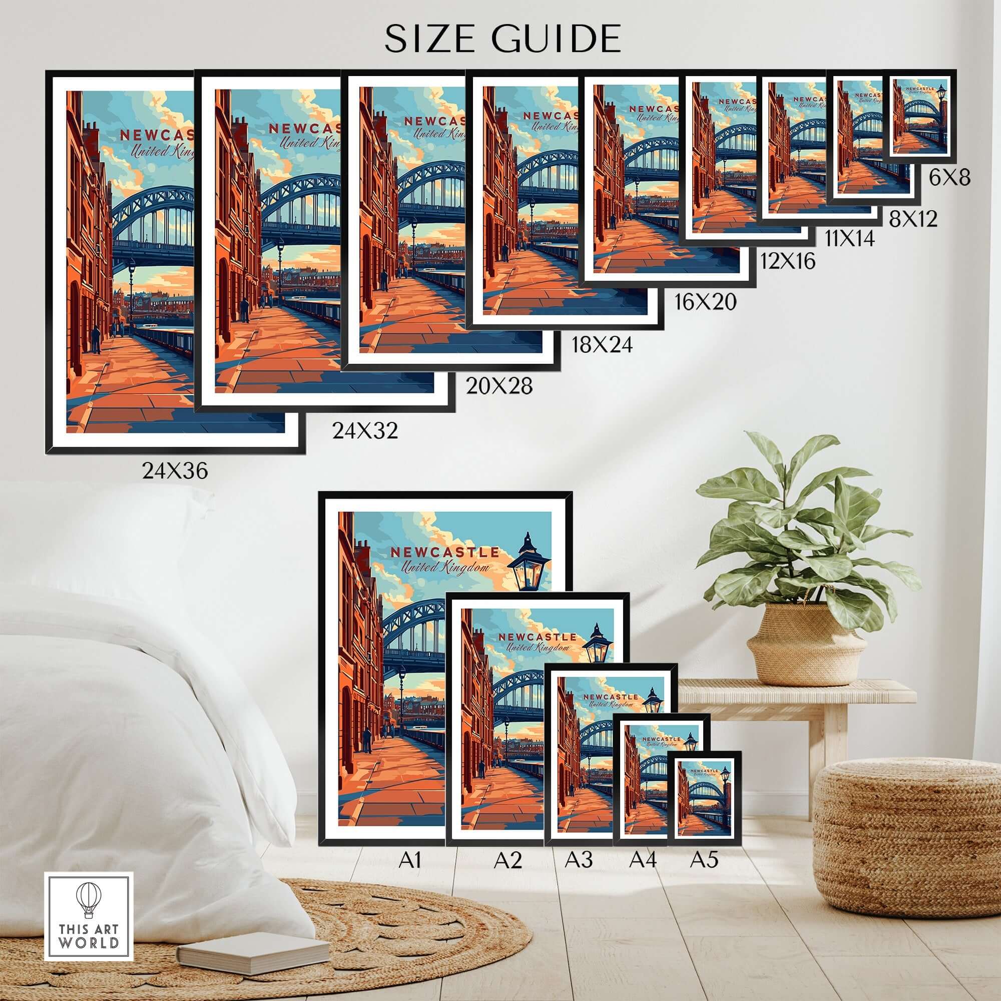 Newcastle Print size guide showing various dimensions and options for the Newcastle Print featuring the Tyne Bridge.