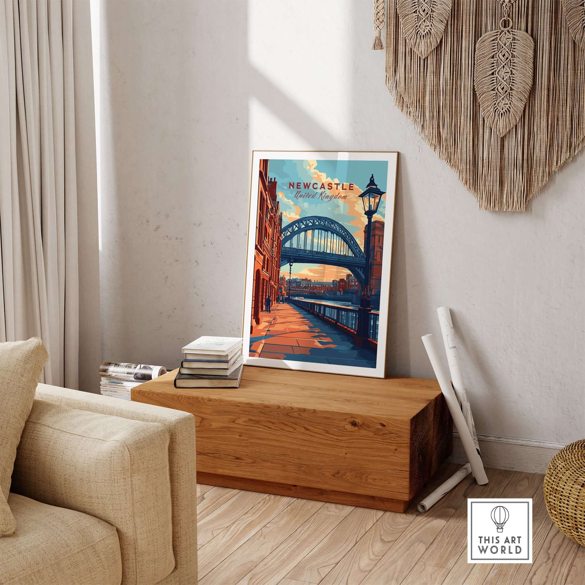 Newcastle Print showcasing the Tyne Bridge in a stylish home setting with charming decor.