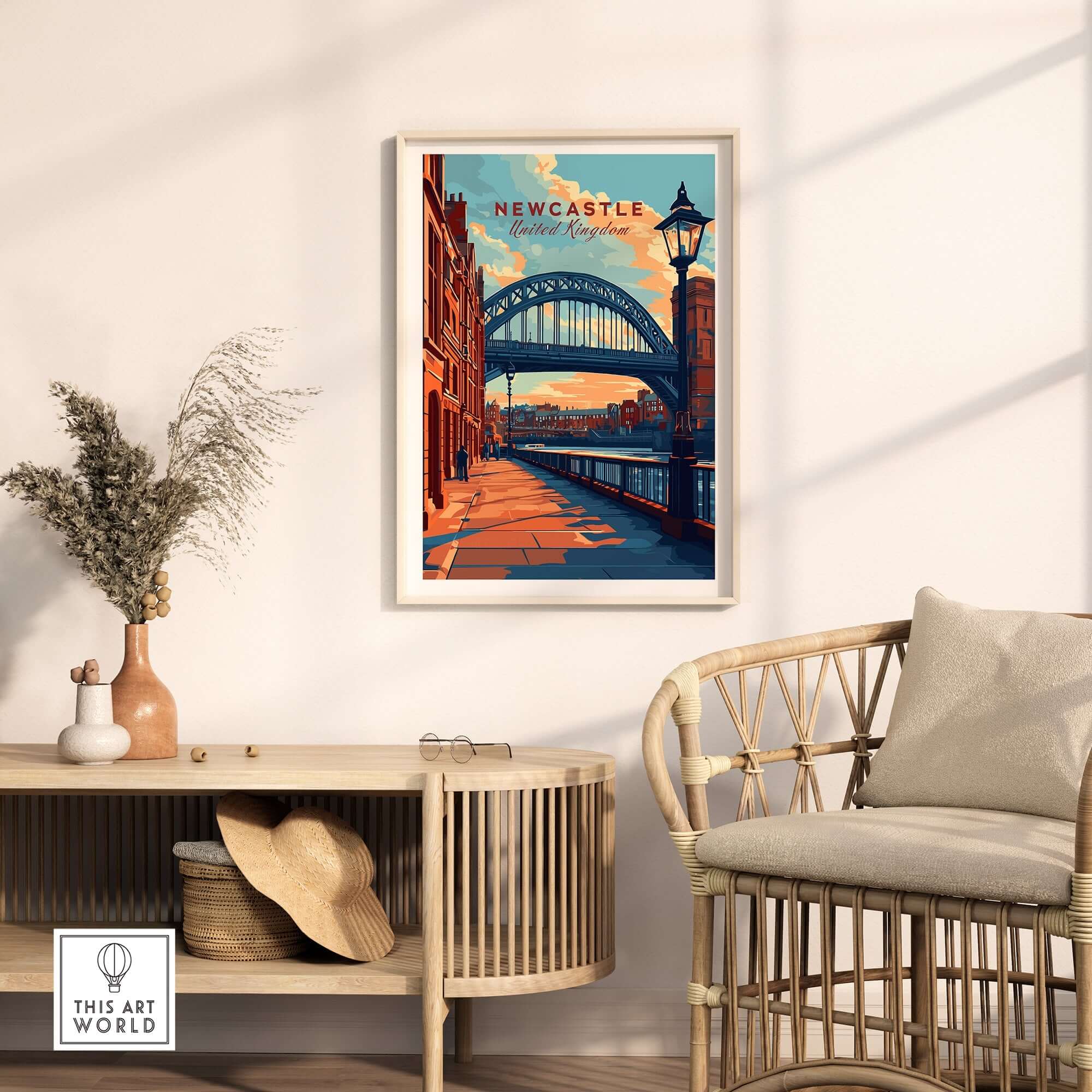 Newcastle Print featuring the iconic Tyne Bridge, displayed in a stylish home setting.