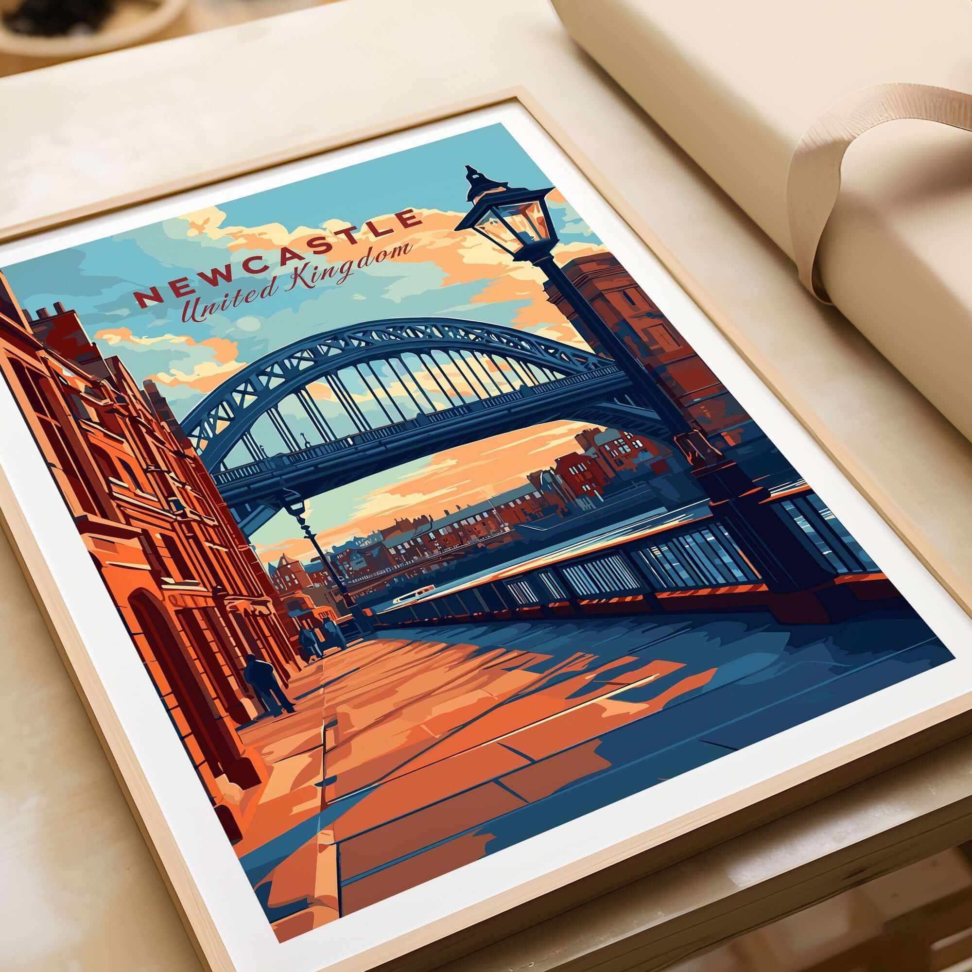 Newcastle Print featuring the iconic Tyne Bridge against a vibrant sunset backdrop.