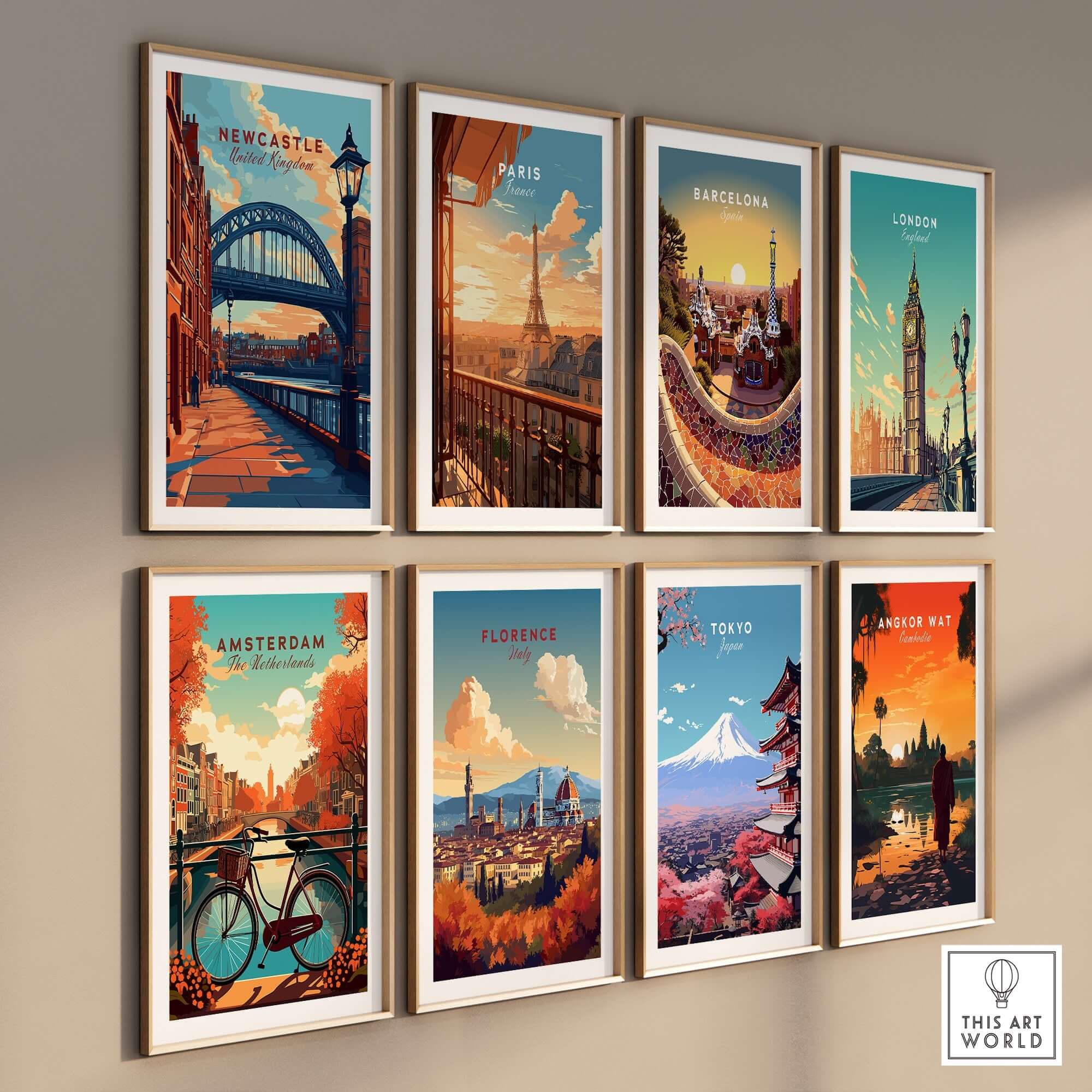 Newcastle Print showcasing the iconic Tyne Bridge alongside other city travel posters on a wall.