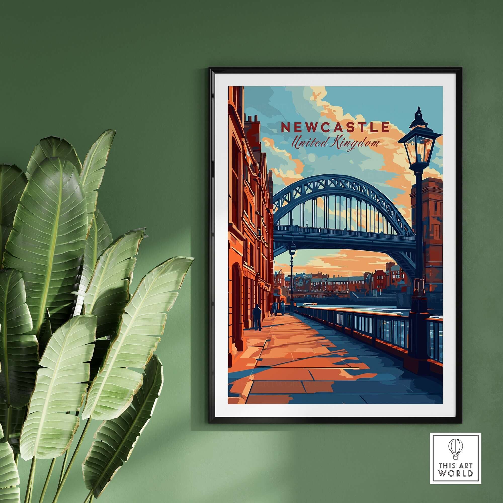 Newcastle Print showcasing the iconic Tyne Bridge in a vibrant cityscape design on display.