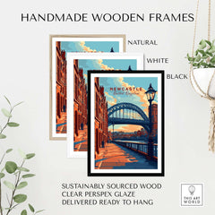 Newcastle Print in handmade wooden frames, showcasing the Tyne Bridge in a stylish design.